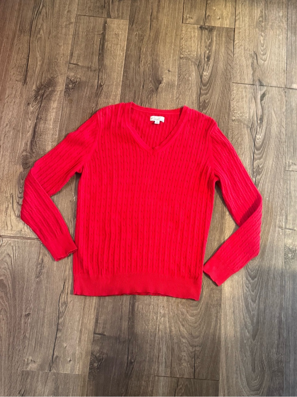 Kim Rogers Cotton Cable Knit V-Neck Sweater, Size M